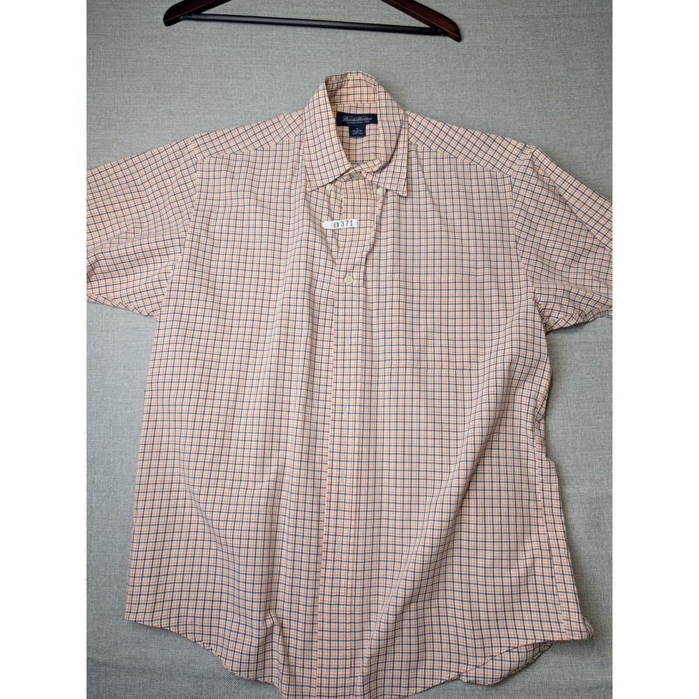 Brooks Brothers Shirt Mens M Orange Blue Plaid 100%‎ Cotton Short Sleeve